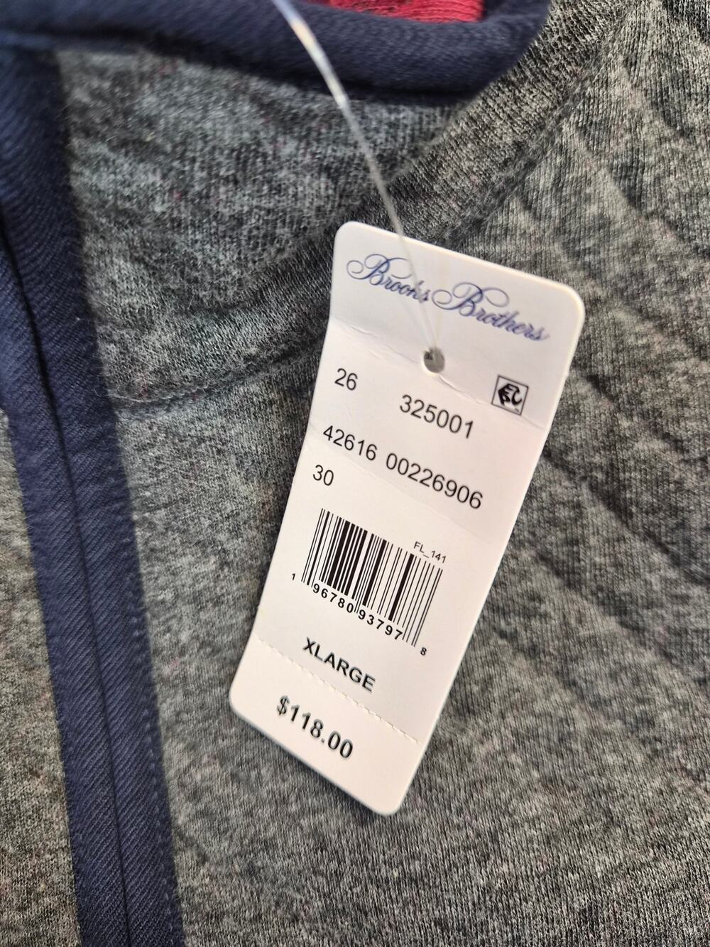 NWT Brooks Brothers Vest Men's XL Gray Diamond-Quilted Full-Zip (1330)
